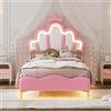 JiaOyu Letto singolo 140x190 cm, letto per bambini con LED, letto da principessa per ragazze, letto imbottito con design a corona e testata regolabile per camera dei bambini, senza materasso