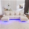 Soweiz Moderno divano a U con illuminazione a LED e porta USB-C in legno massiccio, 4 cuscini di lusso e schienale ergonomico, 265 x 135 x 88 cm (beige)