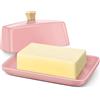 Flexzion Burriera Europea in Ceramica Rosa con Coperchio per Piano Cucina (18 cm) - Contenitore Larga per 2 Panetti di Burro, Portacrema Spalmabile