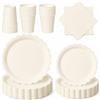 PYAILI Set di posate in colore crema, composto da 96 pezzi: piatti, tovaglioli, bicchieri e tappeti da tavolo. Ideale per feste di compleanno per bambini e banchetti, può ospitare fino a 24 ospiti.