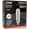 Eurocali Lampada LED E27 18W Tubolare 3000 lumen Filamento Bianco Caldo 3000K - Alta Efficienza 166 lm/W - Impermeabile IP65 - diffusore in vetro trasparente - Pacco da 5