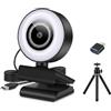 HUYEOOG Mini webcam HD 1080P con luce di riempimento a 3 colori, obiettivo grandangolare, microfono e treppiede con cancellazione del rumore, adattatore USB C incluso per laptop, desktop, zoom, Skype