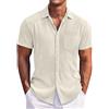 Generisch Camicia da uomo in lino, a maniche corte, con risvolto, slim fit, estiva, a quadretti, anni '70, ideale per viaggi in vacanza, beige., L