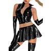 Adigau Completo Intimo Donna in Pelle Verniciata Canotta Top Senza Maniche con Cerniera Sexy Latex Mini Gonna Lingerie 2 Pezzi Set Rave Outfit Partito Clubwear Nero XL