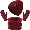 Enwokran Cappello Sciarpa Guanti Touch Screen 3 in 1 Set Uomo, Berretto in Maglia a Fodera Cappelli Morbido Scaldacollo Guanti Touch Screen per Uomo Donna Sport All'aria aperta (Bordeaux)