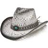 YOUBADU Cappello da cowboy e cowgirl in paglia occidentale con fasce decorative, cappello da sole unisex a tesa larga in rafia, Bianco Con Grigio, M (taglia unica)