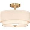 XiNBEi Lighting Lampada da Soffitto Semi Incassata 32cm Ottone Spazzolato | Lampada da Soffitto Oro 2 Luci, Doppio Tamburo Paralume Lino, E27, Lampadario Moderno per Soggiorno Corridoio Atrio Soffitta