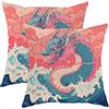 Generic Set di 2 federe per cuscini con drago, color pesca e foglia di tè, in stile asiatico, per casa, divano, letto, divano, perfetto per primavera e festival, motivo vivace onde oceaniche, 40 x 40 cm