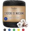 Creative Deco Gomitoli Cotone per Uncinetto 1 PCS 3mm/200m Nero | Filati Colorati Cotone 3mm (+-0.5mm) | Filo | Fettuccia per Borse a Decorazione Casa Fai da Te