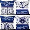 Aoihrraan 41x41cm Confezione da 4 Nautico Vela Copricuscini Divano Blu Navy Bianco Ancora Navigazione Bussola Barca A Vela Federe Per Cuscini Decorazione Lino Camera Da Letto All'Aperto Divano