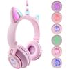 YUSONIC Cuffie Bluetooth con unicorno, per ragazze e ragazzi, per computer portatili, tablet, illuminazione LED, per compleanni, viaggi, scuola, regali (viola rosa)