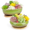 ARTKETTY Vasi per piante grasse, vasi in ceramica per piante grasse con vassoio di drenaggio in bambù, 1 vaso da fiori rettangolare + 1 vaso rotondo per cactus bonsai da interno (verde)
