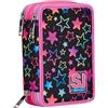 SJ GANG STYLE JAM GANG Astuccio Scuola 3 Zip, Nero e Rosa, Colorful Panda, Portapenne Triplo Scomparto Completo Di Penne, Matite, Colori, Accessori Zaino, Elementari, Medie, Bambina, 30C202461-379
