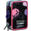Seven Astuccio Scuola Elementare, 3 scomparti, Medie, con Matite, Pennarelli, Penne, 3 Zip, Pinkypois Girl, Bambina, Ragazza, nero/lilla