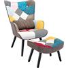 HomeMiYN Poltrona Patchwork con Poggiapiedi e Cuscino Lombare Marrone