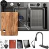 DSMRLEOP - Lavello da cucina nero a cascata, 90 x 50 cm, 1 vasca, in acciaio inox, rettangolare, sifone, troppopieno e scarico, multifunzione, moderno lavello a cascata con set di accessori