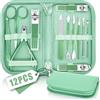 BLESWIN Set Per Manicure Tagliaunghie, 12 Pezzi Set Pedicure Professionale Piedi, Set Manicure Da Viaggio per Donne e Uomini, Set Manicure e Pedicure, Kit Tagliaunghie con Borsa da Viaggio in Pelle Verde