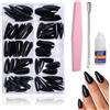 UOCAI nghie Finte Nere 120 Pezzi Unghie Adesive Press On Mandorla Lunghe con Colla, Kit Nail Art Fai da Te ABS Glossy Unghie Finte per Donna Set Unghie Finte per Feste Matrimonio Regalo Beauty