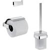 EMCO 051500100, 057500102, 050000100 Set di 3 Accessori Gancio per Asciugamani, Porta Carta con Coperchio, Set scopino 3 in 1, Perfetto per Ogni Bagno, Cromo