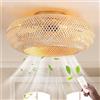 SanBouSi Ventilatore da soffitto con illuminazione vintage in rattan e bambù E27 con telecomando, 6 livelli di velocità, silenziosa reversibile, lampada da soffitto in stile bohémien