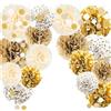 TREABEAR 18PCS Addobbi Compleanno Beige e Marroni, Fiori Carta Pon Pon Bianco, Centrotavola Comunione,Decorazioni Battesimo Bimbo Fiori Di Carta Crespa, Addobbi Compleanno Pom Pom, Nastro Beige Dorato