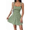 Iyalezirk Vestito Corto da con Stampa Floreale in Stile Boho, con Spalline Annodate, Arricciato, Svasato, Ad A, per Le Vacanze in Spiaggia, Verde S