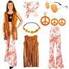 Gigquake Costume Hippie Donna Anni '60 70- Vintage Discoteca Fiori Hippie Frange Gilet Pantaloni Svasati Hippie Accessori Abbigliamento Donna Vestito Occhiali Boho Collana Hippie per Halloween Carnevale