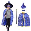 Kinwers Costume Stregone Bambino,Mantello Blu Vestito Halloween Adesivo Iniettato di Sangue per 6/7/8/9/10 anni