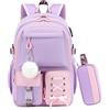 Byitin Set Zaino Scuola Elementare Bambina con Astuccio, Viola-Rosa