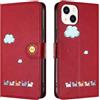 Rnrieyta Miagon per iPhone 15 Cover,Custodia Cartone Nuvola Gatto Carino Portafoglio a Libro in PU Pelle Flip Cover con Porta Carte Chiusura Magnetica Case,Rosso
