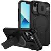xinyunew custodia per iPhone 15 con ring stand magnetico, cover militare antiurto con protezione fotocamera scorrevole compatible with MagSafe ricarica wireless Nero