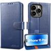 Lensun Cover per iPhone 15 Pro, Custodia in Vera Pelle [RFID Blocking] Antiurto Libro con Portafoglio Chiusura Magnetico Flip Custodie Cuoio per Telefono iPhone 15 Pro - Blu Scuro