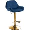 CLP Sgabello Da Bar Braga Rivestito In Velluto Con Struttura Dorata I Regolabile In Altezza E Girevole A 360 I Sgabello Da Bar Con Poggiapiedi, Colore:blu