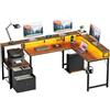 YOUDENOVA Scrivania Gaming LED Scrivania angolare con cassetti Scrivania per computer 168 x 100 cm Tavolo da gioco con presa integrata e porta USB da gioco con supporto per schermo Marrone
