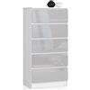 AKORD Cassettiera K60 con 5 Cassetti | Credenza Alta | Moderna Mobiletto per Soggiorno Sala da Pranzo Camera da Letto Corridoio | Armadio Cameretta | 60x121x40 cm, 39kg | Bianco/Metallizzato lucido