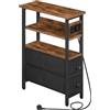 HOOBRO Tavolino Stretto con Stazione di Ricarica, Cassetti in Tessuto, Comodino Sottile con Ripiani Portaoggetti, per Soggiorno, Camera da Letto, Piccoli Spazi, Marrone Vintage e Nero EBF132CBZ01