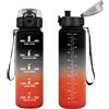 Vikastar Borraccia, 1l, Borraccia Sportiva, Borraccia Motivazionale, Senza BPA, Bottiglia Acqua per Sport, Fitness, Yoga, Scuola, Ufficio, Nero-Rosso