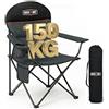 OVERMONT Sedia da Campeggio Imbottita, Seduta 62 cm, 150 kg, Nero | Tessuto Oxford 600 D imbottito, borsa termica, portabicchiere e custodia; per campeggio, pesca, picnic e giardino