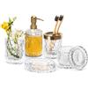 EMPO Set di 6 Accessori in Vetro Trasparente per il Bagno (Dispenser per Sapone per Lozione, Portasapone, Porta Spazzolino da Denti, Bicchiere, Barattolo di Cotone), Regalo Vintage (Trasparenti)