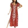 JENJON Donna Corta Manica Cover Up Caftano Floreale Ricamato Laterale Diviso Vestito da Spiaggia Abiti A-Rosso