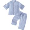 XIXIMAON Bambino Bambino Bambino Primavera Estate Vestiti Tinta Unita Regolabile Manica Lunga o Mezza Pulsante Cotone Lino Camicia Pantaloni Set Bambini Due Pezzi Abiti