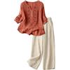 Generic Set di due pezzi per le donne Linen Co Ord Set Plus Size Manica 3/4 Top Ricamato Elastico Vita Alta Pantaloni Set Scollo a V T Shirt Pantaloni Suit Outfits Estate Loungewear