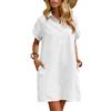 Zeagoo Abito estivo da donna, in lino, lunghezza al ginocchio, casual, da spiaggia, a maniche corte, estivo, per il tempo libero, con tasche, bianco, XXL