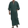 Generic Caftano da uomo Thobe a maniche lunghe, scollo a V, tessuto di lino, vestibilità casual, taglie grandi e alte, adatto come accappatoio o abito da notte, 1c-verde nerastro, 5XL