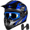ILM Casco Moto Bambino Motocross con Goggle Guanti ATV Off Road ECE B07,Nero Blu,XL