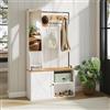 YU YUSING Appendiabiti Ingresso con Specchio e Panca Scarpiera | Scarpiera con Appendiabiti per Cappotti e Scarpe 90x30x170 cm, Mobile Ingresso Moderno con 4 Ganci, Bianco e Naturale