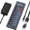 WLXKJY Hub USB 3.0 attivo in alluminio, hub USB 10 in 1 (7 porte di trasferimento dati USB 3.0 e caricatore rapido a 3 porte), con interruttore indipendente dall'alimentazione e porta PD