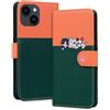 Rnrieyta Miagon per iPhone 13 Mini Cover,Custodia Cartone Cane Gatto Carino Portafoglio a Libro in PU Pelle Giuntato Flip Cover con Porta Carte Chiusura Magnetica Case,Verde