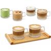 OCEANO Set 6 Tazzine da Caffè in Vetro Trasparente Lavorato con Manico e Vassoio in Legno di Bambù Naturale Design Elegante Scanalato per Espresso Macchiato Cappuccino Idea Regalo (215, Millilitri)