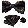 DiBanGu Set di papillon da uomo in seta con tasca quadrata e spilla da bavero, da annodare, Nero oro, Taglia unica